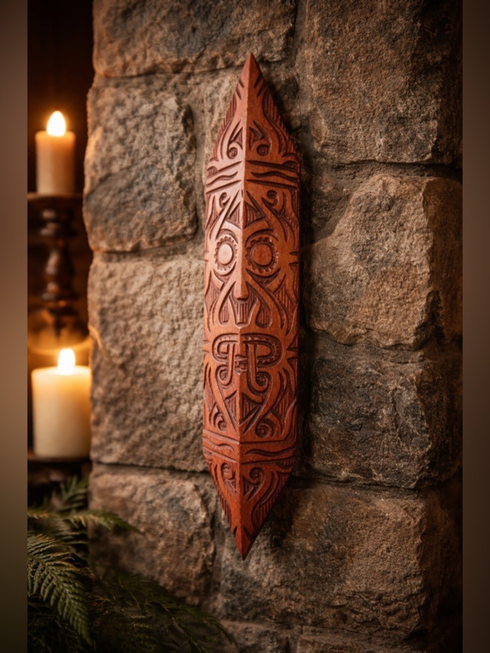 Vintage Hand-Carved Tribal Style Shield Wall Decor • Approx. 18.5x4 in